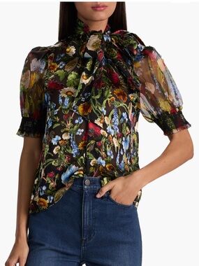 Alice + Olivia Black Sheer Floral Bow-Tie Puff Sleeve Blouse